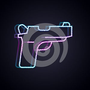 Glowing neon line Pistol or gun icon isolated on black background. Police or military handgun. Small firearm. Vector