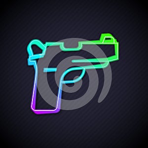 Glowing neon line Pistol or gun icon isolated on black background. Police or military handgun. Small firearm. Vector