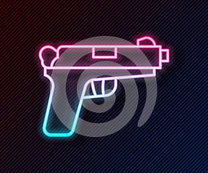 Glowing neon line Pistol or gun icon isolated on black background. Police or military handgun. Small firearm. Vector