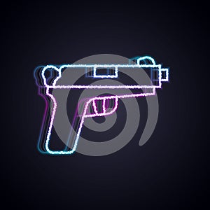 Glowing neon line Pistol or gun icon isolated on black background. Police or military handgun. Small firearm. Vector