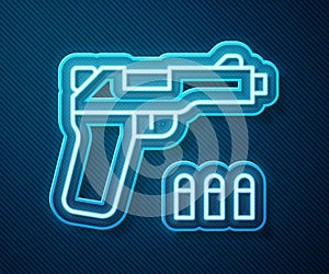 Glowing neon line Pistol or gun icon isolated on blue background. Police or military handgun. Small firearm. Vector