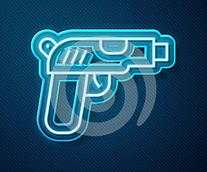 Glowing neon line Pistol or gun icon isolated on blue background. Police or military handgun. Small firearm. Vector