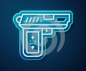 Glowing neon line Pistol or gun icon isolated on blue background. Police or military handgun. Small firearm. Vector