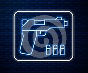 Glowing neon line Pistol or gun icon isolated on brick wall background. Police or military handgun. Small firearm