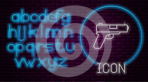 Glowing neon line Pistol or gun icon isolated on brick wall background. Police or military handgun. Small firearm. Neon