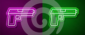 Glowing neon line Pistol or gun icon isolated on purple and green background. Police or military handgun. Small firearm