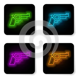 Glowing neon line Pistol or gun icon isolated on white background. Police or military handgun. Small firearm. Black