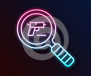 Glowing neon line Pistol or gun search icon isolated on black background. Police or military handgun. Small firearm