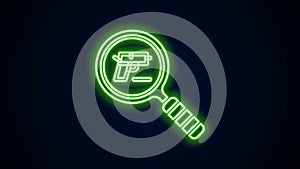Glowing neon line Pistol or gun search icon isolated on black background. Police or military handgun. Small firearm. 4K
