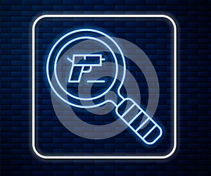 Glowing neon line Pistol or gun search icon isolated on brick wall background. Police or military handgun. Small firearm