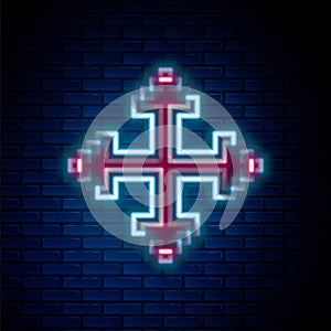 Glowing neon line Pixel arrows in four directions icon isolated on brick wall background. Cursor move sign. Colorful