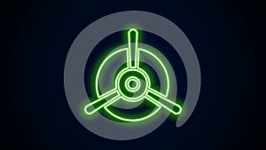 Glowing neon line Plane propeller icon isolated on black background. Vintage aircraft propeller. 4K Video motion graphic