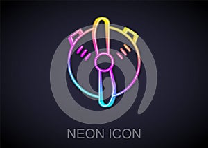 Glowing neon line Plane propeller icon isolated on black background. Vintage aircraft propeller. Vector