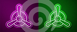 Glowing neon line Plane propeller icon isolated on purple and green background. Vintage aircraft propeller. Vector