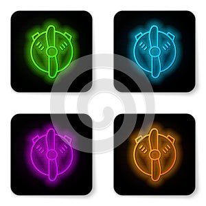 Glowing neon line Plane propeller icon isolated on white background. Vintage aircraft propeller. Black square button
