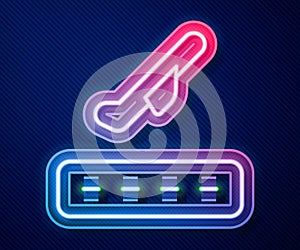 Glowing neon line Plane takeoff icon isolated on blue background. Airplane transport symbol. Vector