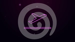 Glowing neon line Plane takeoff icon isolated on purple background. Airplane transport symbol. 4K Video motion graphic