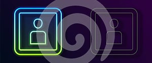 Glowing neon line Play Video icon isolated on black background. Film strip sign. Vector