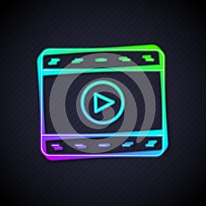 Glowing neon line Play Video icon isolated on black background. Film strip sign. Vector