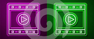 Glowing neon line Play Video icon isolated on purple and green background. Film strip sign. Vector