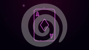 Glowing neon line Playing card with diamonds symbol icon isolated on purple background. Casino gambling. 4K Video motion
