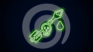 Glowing neon line Poison on the arrow icon isolated on black background. Poisoned arrow. 4K Video motion graphic