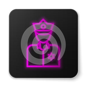 Glowing neon line Police officer icon isolated on white background. Black square button. Vector