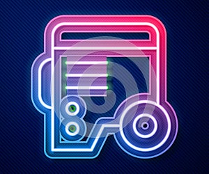 Glowing neon line Portable power electric generator icon isolated on blue background. Industrial and home immovable