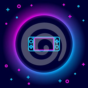 Glowing neon line Portable video game console icon isolated on black background. Gamepad sign. Gaming concept. Colorful