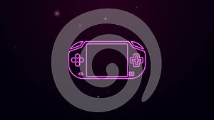 Glowing neon line Portable video game console icon isolated on purple background. Gamepad sign. Gaming concept. 4K Video