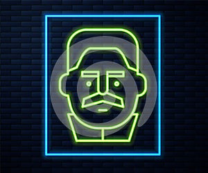 Glowing neon line Portrait of Joseph Stalin icon isolated on brick wall background. Vector