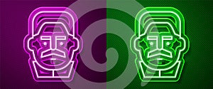 Glowing neon line Portrait of Joseph Stalin icon isolated on purple and green background. Vector