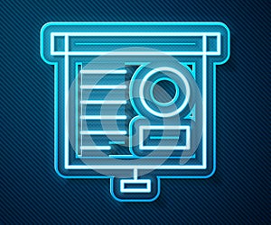 Glowing neon line Presentation board with graph, schedule, chart, diagram, infographic, pie graph icon isolated on blue