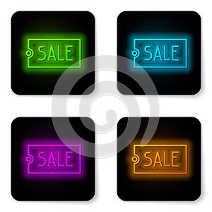 Glowing neon line Price tag with an inscription Sale icon isolated on white background. Badge for price. Promo tag