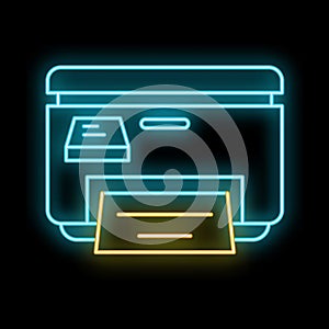 Glowing neon line printer icon on black background