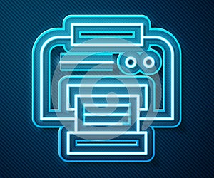 Glowing neon line Printer icon isolated on blue background. Vector Illustration