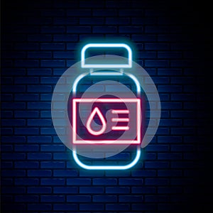 Glowing neon line Printer ink bottle icon isolated on brick wall background. Colorful outline concept. Vector