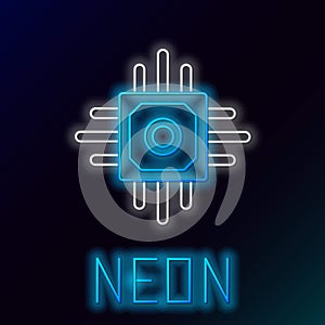 Glowing neon line Processor icon isolated on black background. CPU, central processing unit, microchip, microcircuit