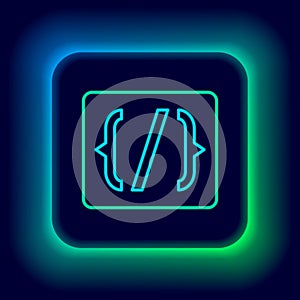 Glowing neon line Programming language syntax icon isolated on black background. Syntax programming file system