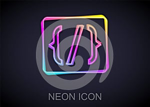 Glowing neon line Programming language syntax icon isolated on black background. Syntax programming file system. Vector