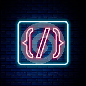 Glowing neon line Programming language syntax icon isolated on brick wall background. Syntax programming file system