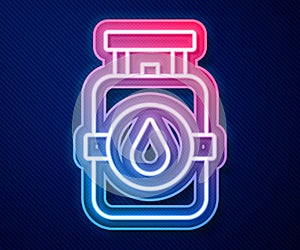 Glowing neon line Propane gas tank icon isolated on blue background. Flammable gas tank icon. Vector