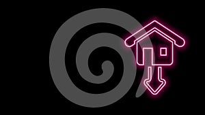 Glowing neon line Property and housing market collapse icon isolated on black background. Falling property prices. Real