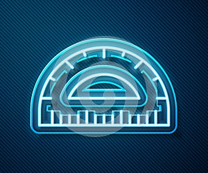 Glowing neon line Protractor grid for measuring degrees icon isolated on blue background. Tilt angle meter. Measuring