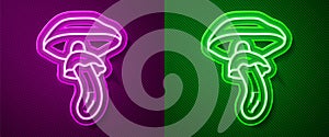 Glowing neon line Psilocybin mushroom icon isolated on purple and green background. Psychedelic hallucination. Vector