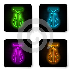 Glowing neon line Punching bag icon isolated on white background. Black square button. Vector