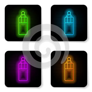 Glowing neon line Punching bag icon isolated on white background. Black square button. Vector
