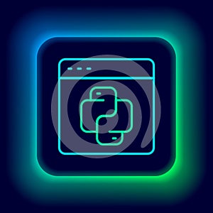 Glowing neon line Python programming language icon isolated on black background. Python coding language sign on browser
