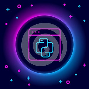 Glowing neon line Python programming language icon isolated on black background. Python coding language sign on browser