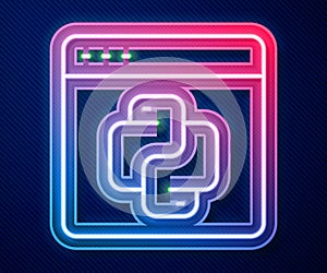 Glowing neon line Python programming language icon isolated on blue background. Python coding language sign on browser